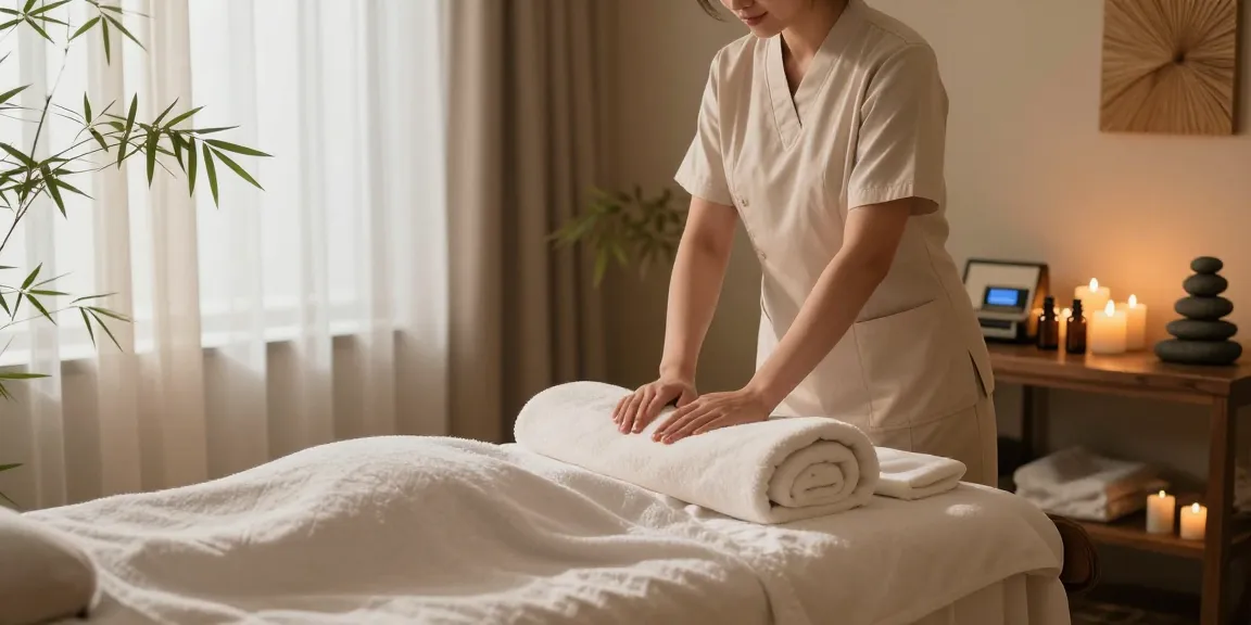 A massage therapy scene at https://www.makangs.com/ showcasing a tranquil spa environment with a prepared massage table, calming decor, and aromatherapy oils.