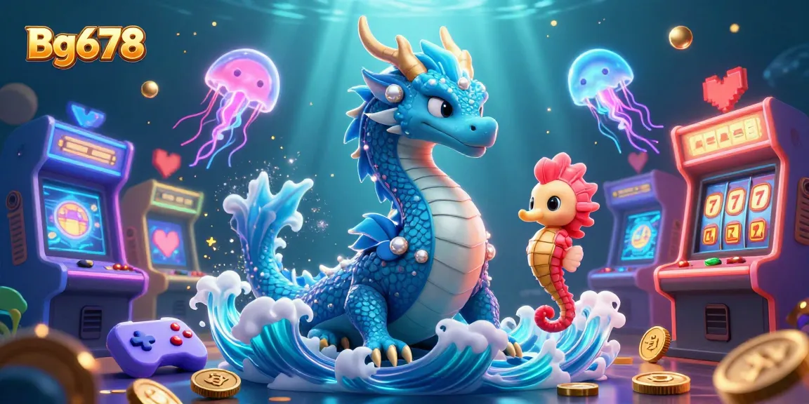 Experience thrilling gameplay at Bg678 with 3D illustrations of a dragon and gaming elements under the sea.