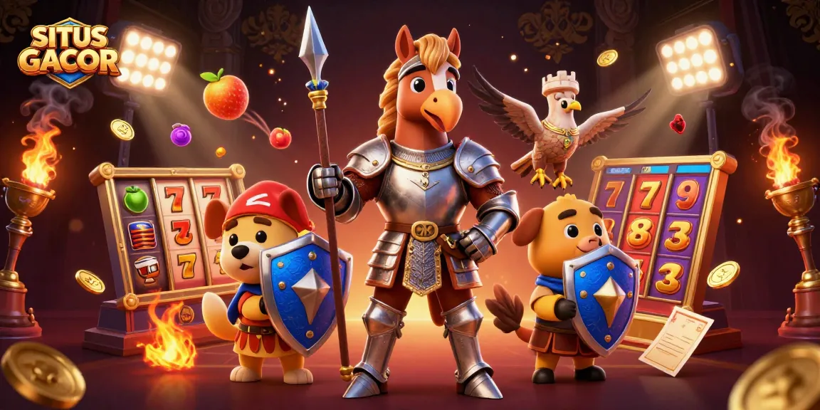 Engage with SITUS GACOR through dynamic slot elements and winning symbols in this vibrant casino illustration.