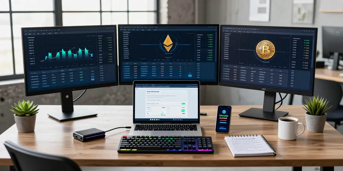 Bitcoin mining service workspace displaying cryptocurrency statistics on multiple screens, emphasizing secure wallet usage and innovative mining strategies.