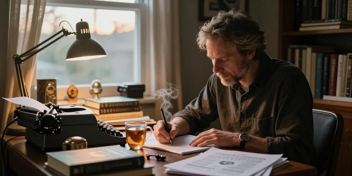 Engaged writer at a cozy study desk, inspired by T Allen Greenfield at https://tallengreenfield.com.