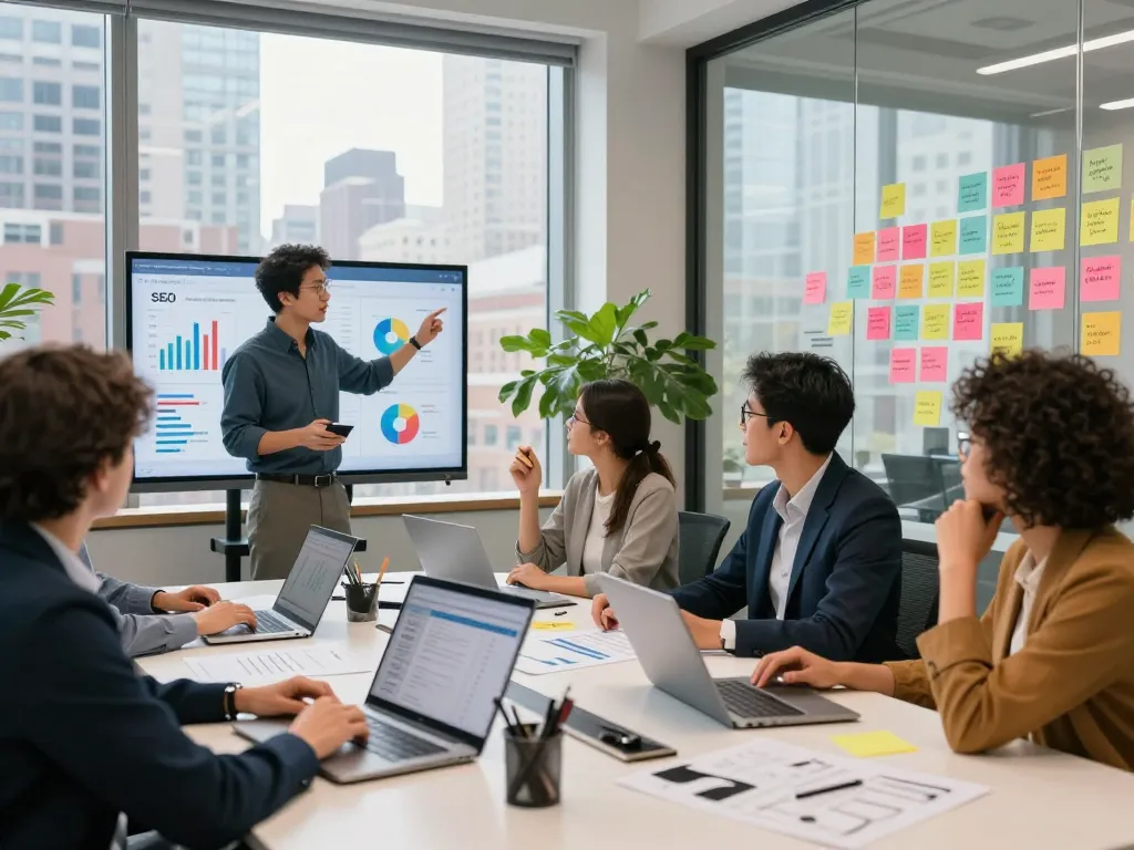 NYC SEO Company team collaborating with analytics in modern office.