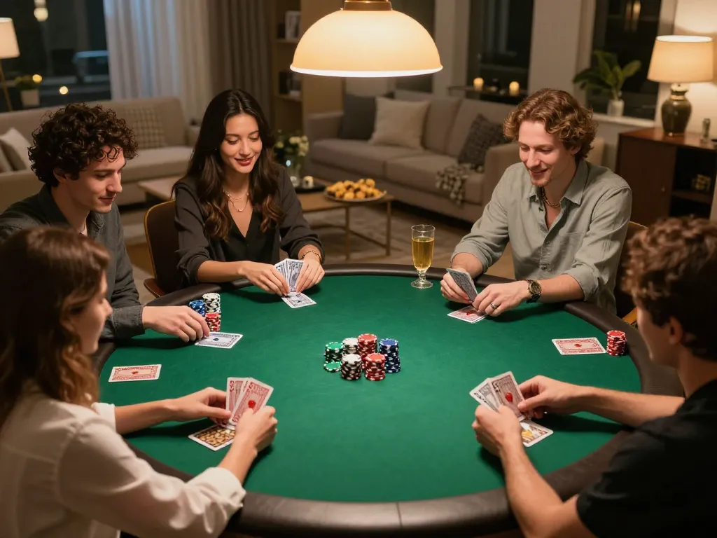 Engaged friends playing poker at home, showcasing g28 strategies in a friendly atmosphere