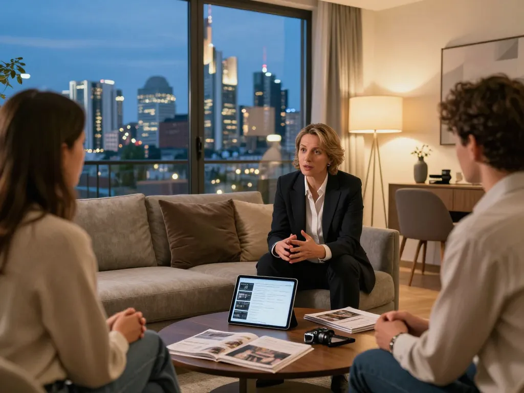 Immobilienmakler Frankfurt Sachsenhausen berät Kunden in einer inszenierten Wohnung, die Charme und urbanen Reiz demonstriert.