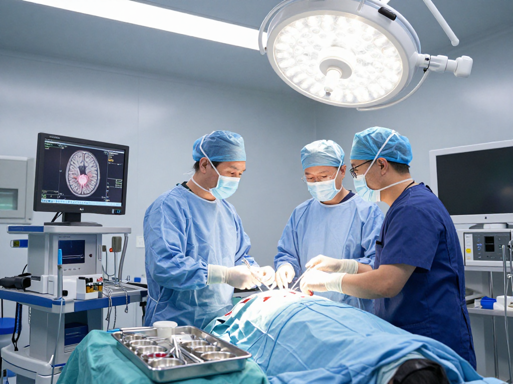 Brain tumor surgery in action with surgeons and advanced imaging technology, showcasing beyin tümörü ameliyatı techniques.