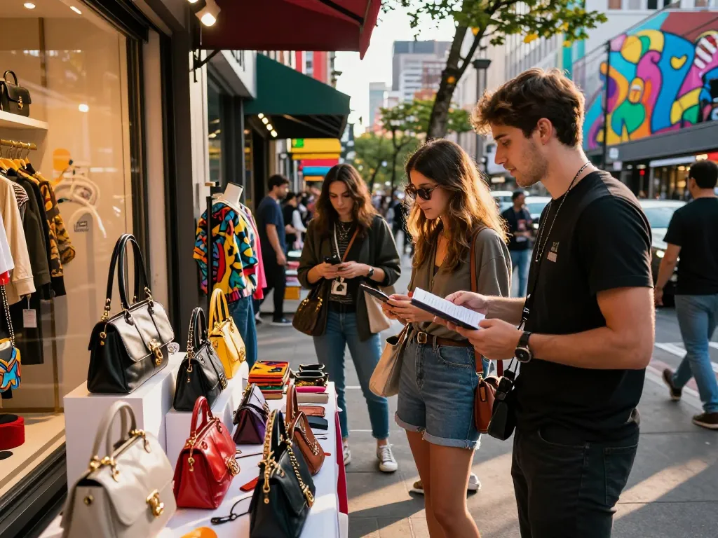 Vibrant street shopping scene featuring luxury 레플리카 쇼핑몰 items with stylish customers browsing.