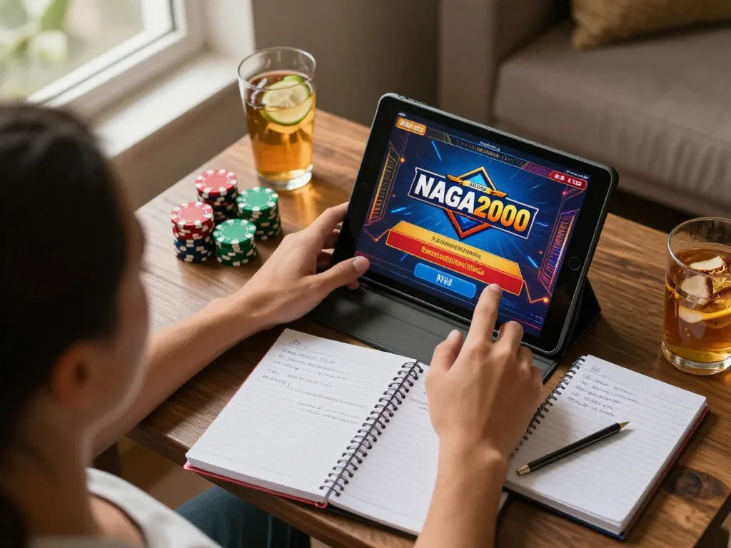 NAGA2000 player engaging with online slots in a cozy home setting with strategic betting notes.