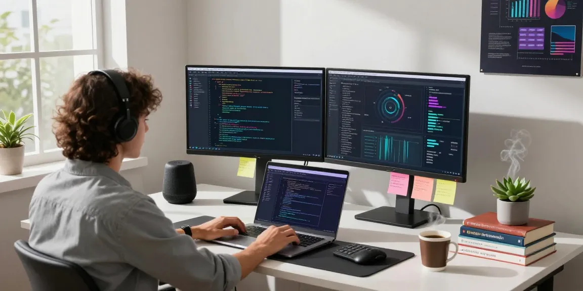 Developer integrating clawbot AI in a modern workspace with dual monitors and tech decor.