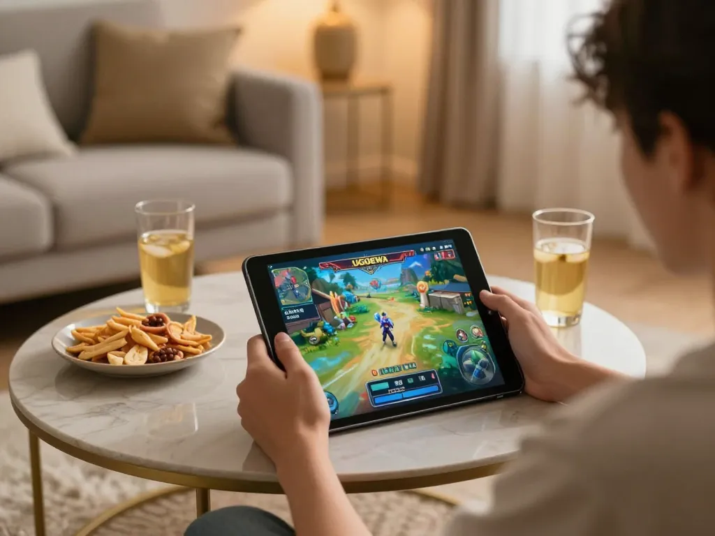 Engaging player enjoying UGDEWA on a tablet in a cozy living room, showcasing online gaming atmosphere.