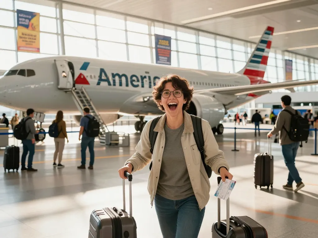 Traveler boarding the American Airlines 789P, showcasing excitement for future travels.