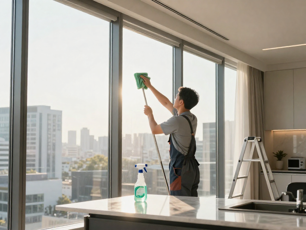 Professionelle Glasreinigung Firma in Dortmund reinigt Fenster in modernem Apartment mit umweltfreundlichen Mitteln.