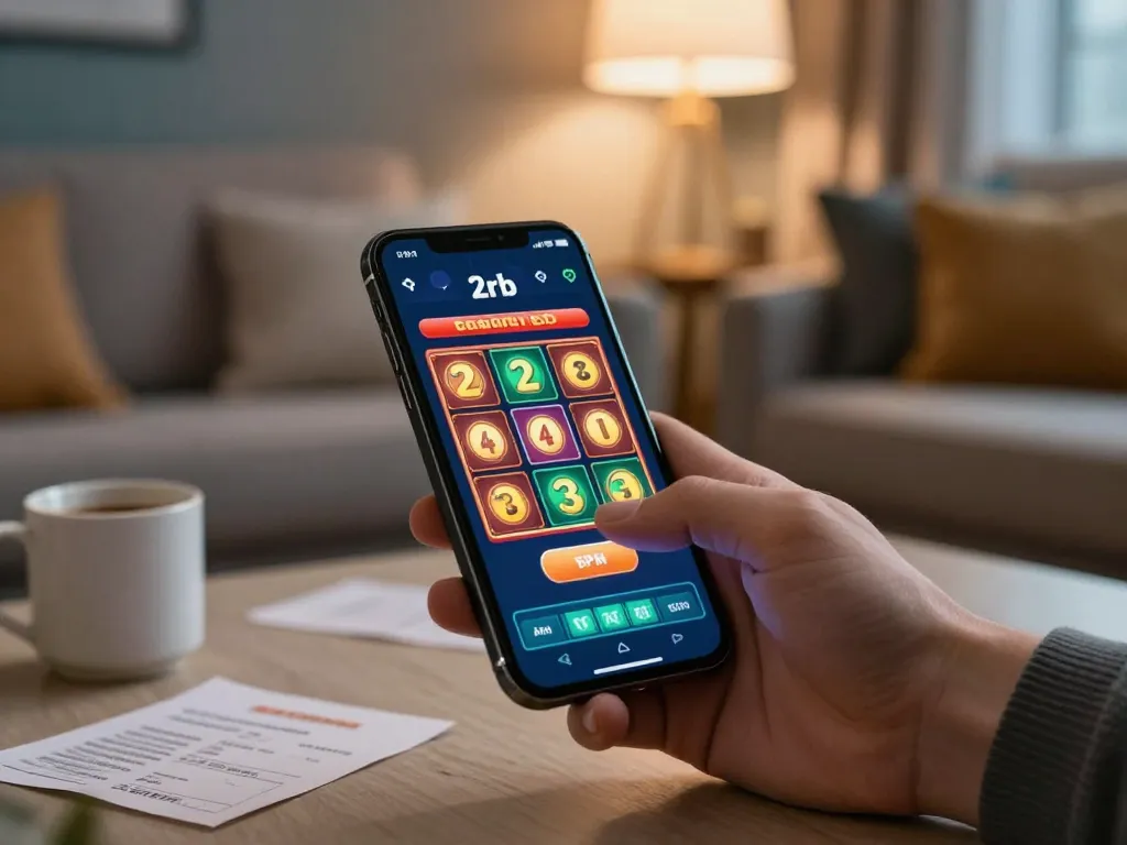 Engaging with slot deposit 2rb app on smartphone while preparing to bet, cozy home setting.