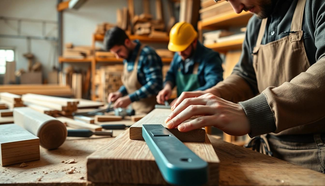 Engaged carpentry apprenticeship participants working on a woodworking project in a workshop.