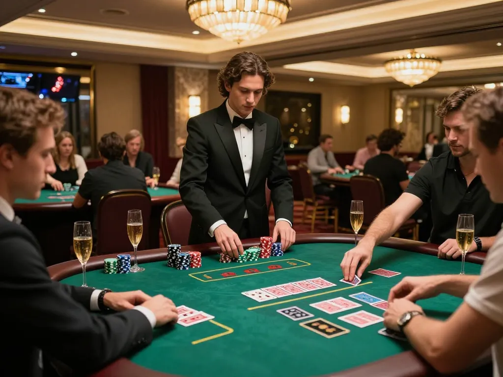 Players enjoying an intense game of blackjack at iWin's elegant casino tables, surrounded by luxury and excitement.