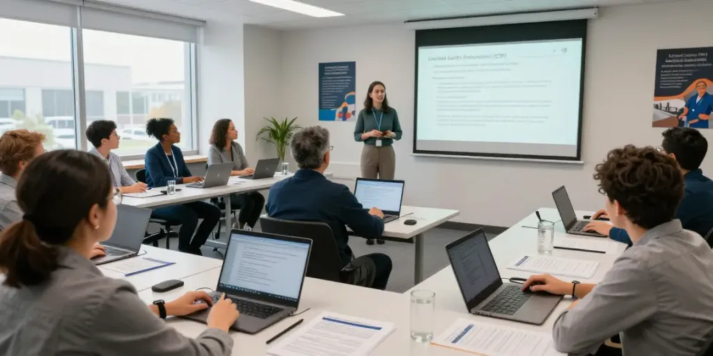 CSP Certification training in a modern classroom with engaged professionals.