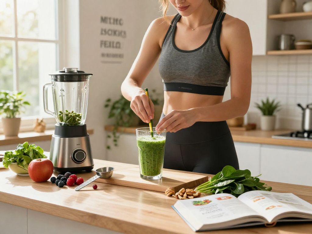 NAD+ Benefits smoothie preparation in a bright kitchen showcasing health ingredients.