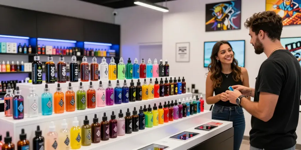 Customer exploring e-liquid vape juice varieties in a vibrant vape shop.