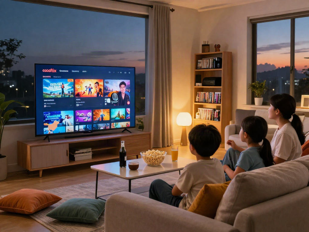 Family enjoying a cocoflix movie night in a cozy living room.