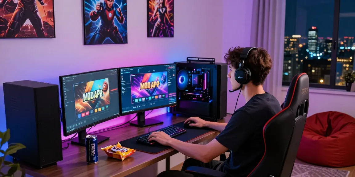 Exploring MOD APK titles in a dynamic gaming setup with colorful lighting and snacks.