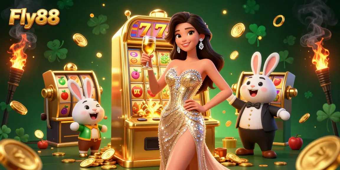 Experience excitement at Fly88 with a glamorous woman toasting beside a jackpot slot machine in a dynamic casino scene.