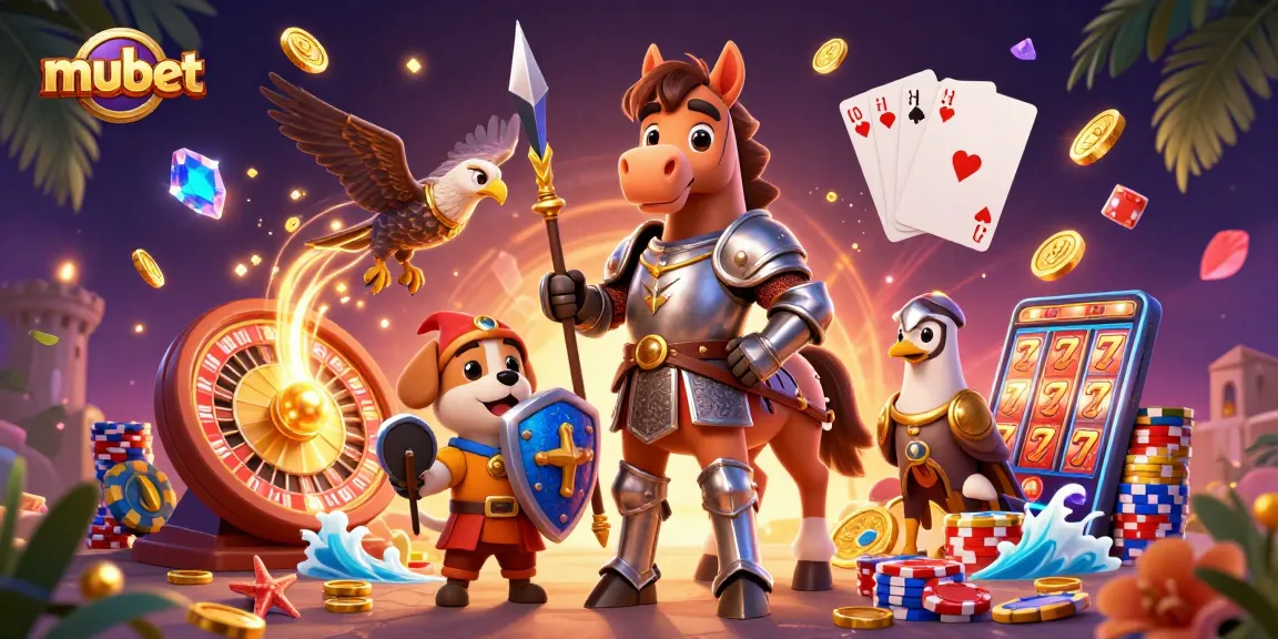 Engage in winning moments at mubet with a knight, puppy, and falcon at a vibrant casino.
