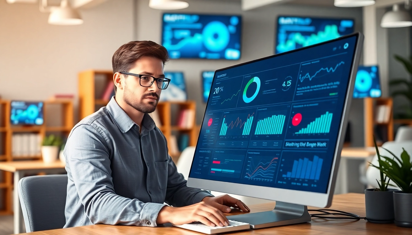 Engaging assistant for enterprise helping a user analyze data in a modern office environment.