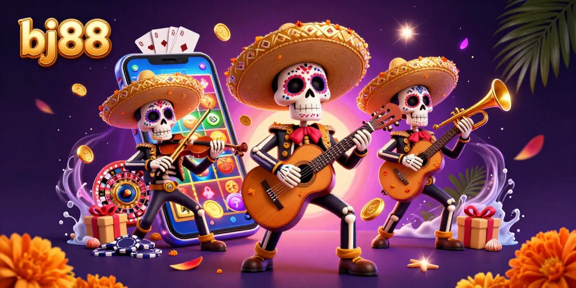 Engage in vibrant games at bj88 featuring Day of the Dead mariachi musicians amidst dynamic casino elements.