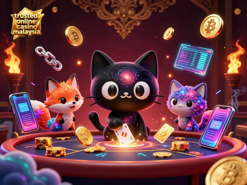 Engaging scene of a trusted online casino malaysia with cosmic characters attracting players' attention.
