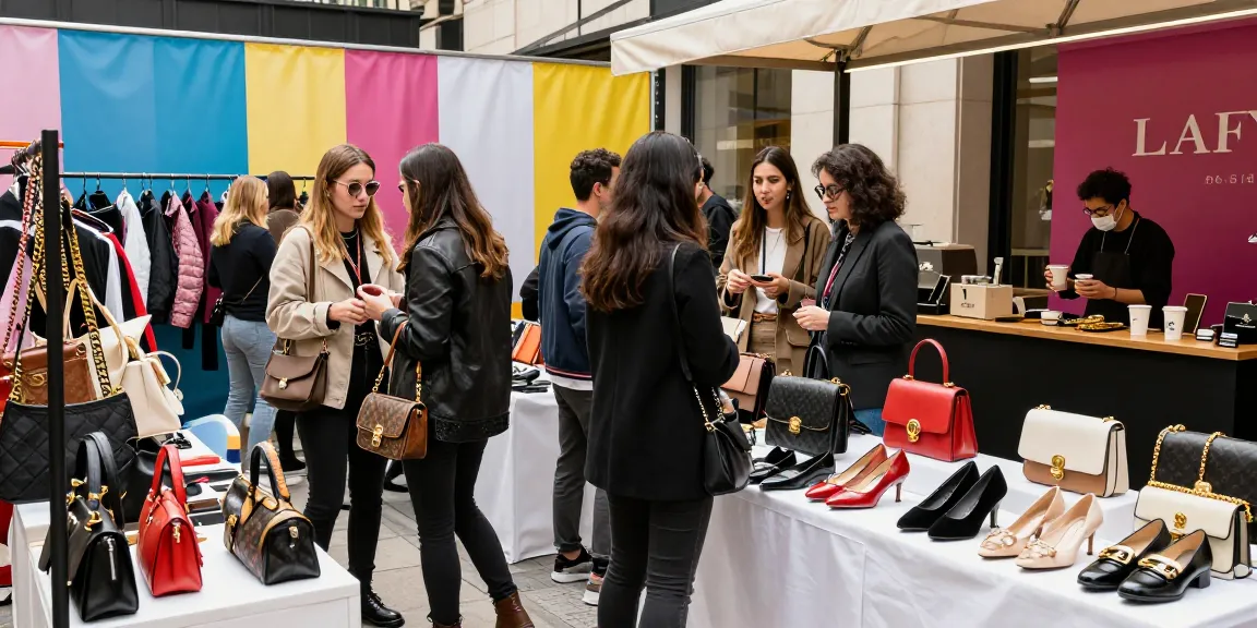 Stylish shoppers exploring high-quality 레플리카 사이트 offerings at a vibrant urban pop-up event.