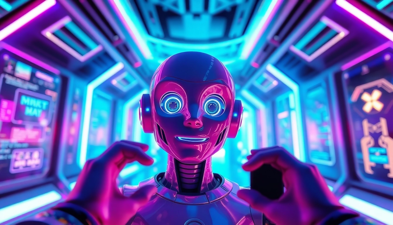 Engaging with NSFW AI chat in a modern, high-tech environment with vibrant digital interfaces.