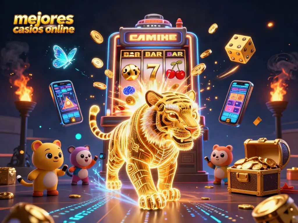 Gana en los mejores casinos online explorando una ilustración vibrante de un tigre dorado en un paisaje digital.