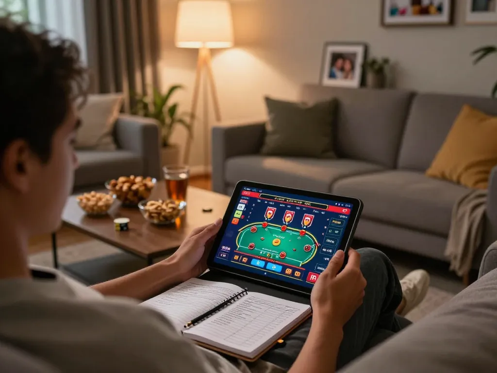 Player engaging with lv88 casino app on tablet in a cozy living room setting, highlighting strategic gameplay.