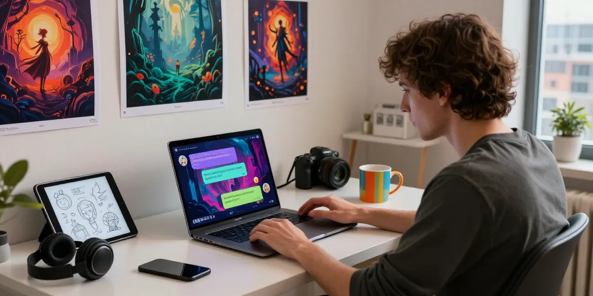 Engaging in NSFW chat AI on a laptop at a creative workspace with vibrant fantasy art.