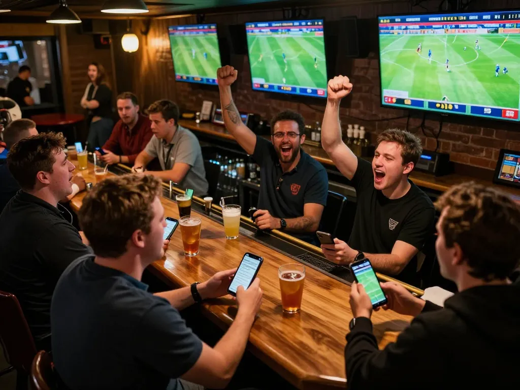 KQBD sports betting scene with patrons enjoying live matches and checking odds during exciting gameplay.