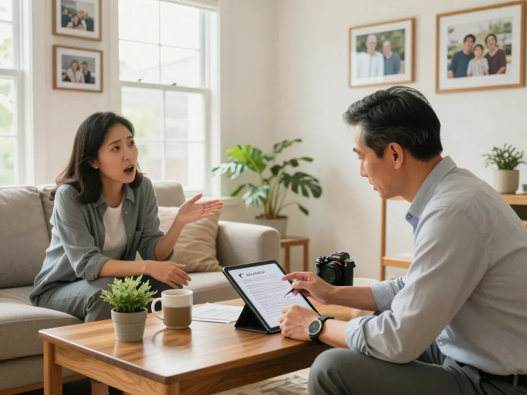 Cash home buyers reviewing documents with a homeowner in a bright living room.