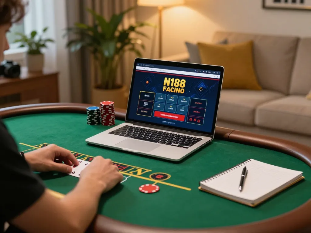 Engaging with N188's live dealer blackjack from home with strategic notes visible.
