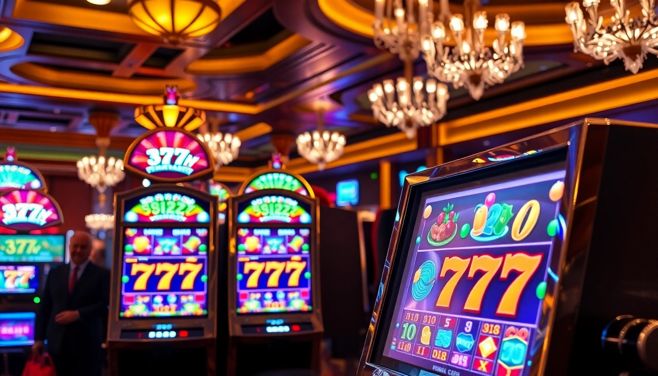 Mainkan slot 777 dengan simbol berkilau di kasino mewah yang penuh semangat.
