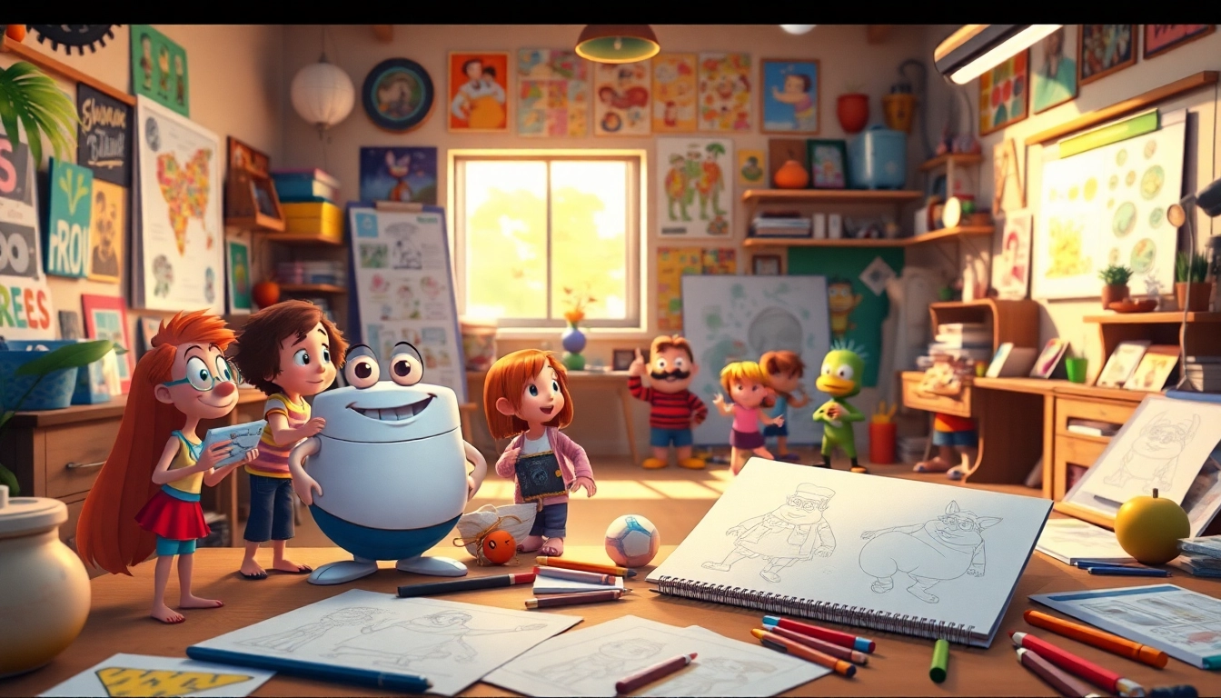 2D Animation kreative Prozesse in einem lebhaften Animationsstudio visuell darstellen.