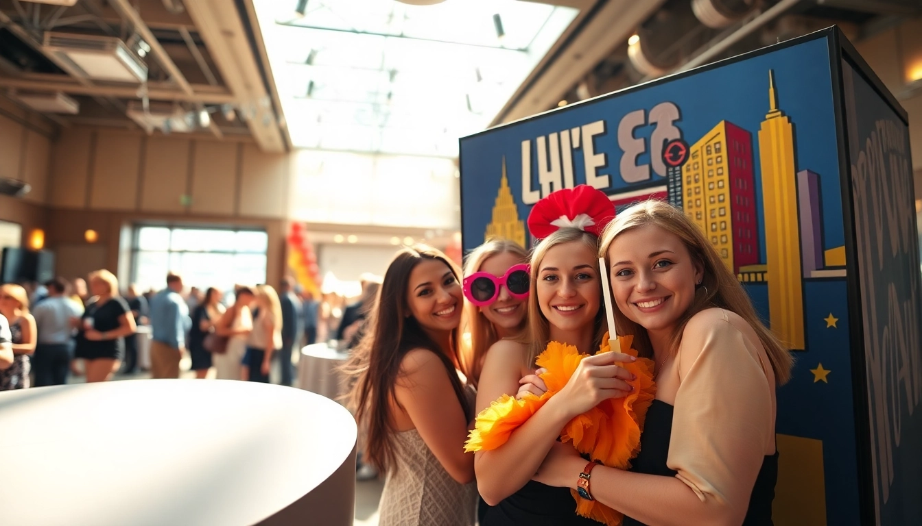Guests enjoying a lively photo booth chicago experience with colorful props and Chicago-themed decorations.