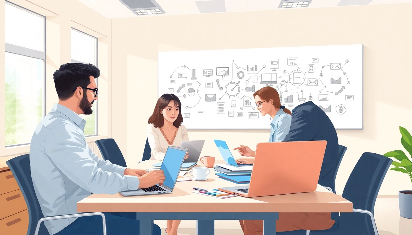 Engaging proposal writing and management team discussing ideas in a collaborative office.