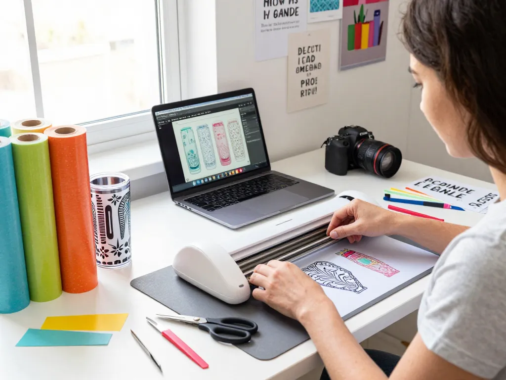 Engaged crafter working on a cricut svg bundle project with vibrant tumbler designs and tools.