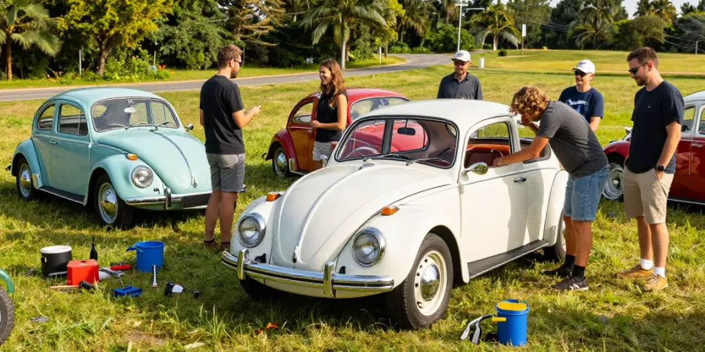 Enthusiasts maintaining classic Volkswagen air-cooled vehicles at http://www.aircooledapps.com event.