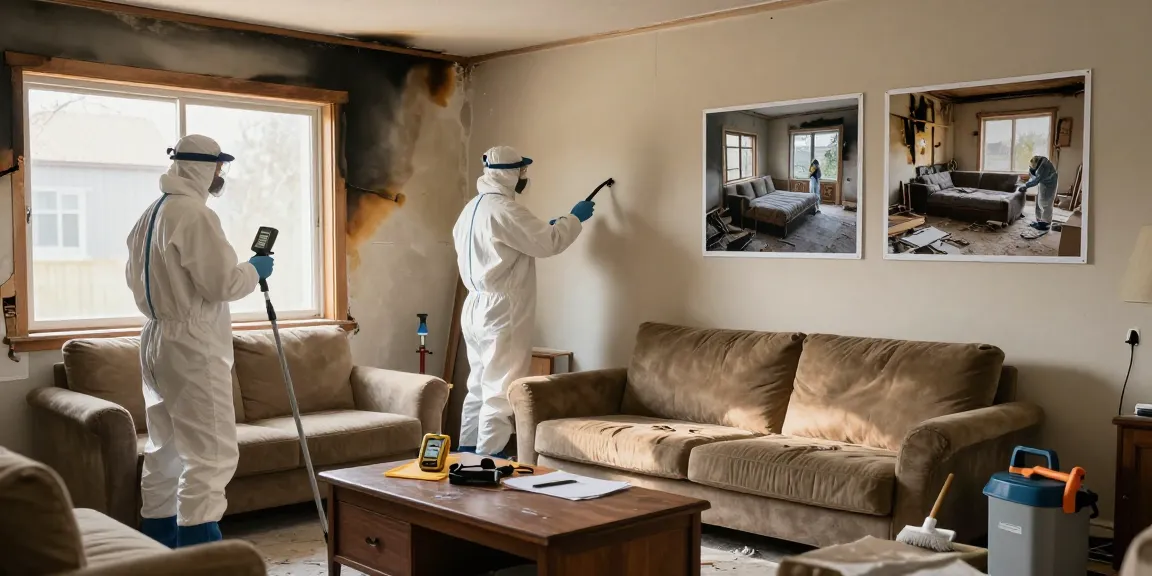 Fire damage restoration services team assessing damage in a living room.