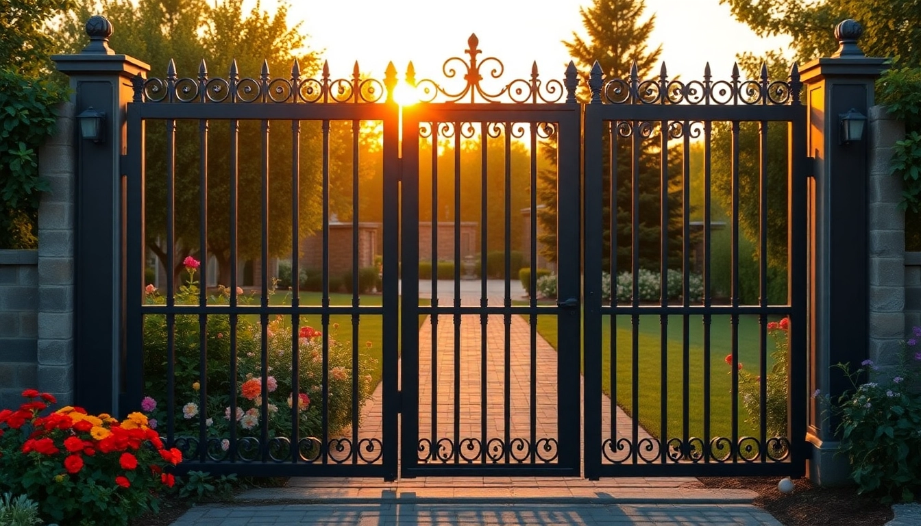 Showcasing custom steel gates built with unique designs in a vibrant garden setting.