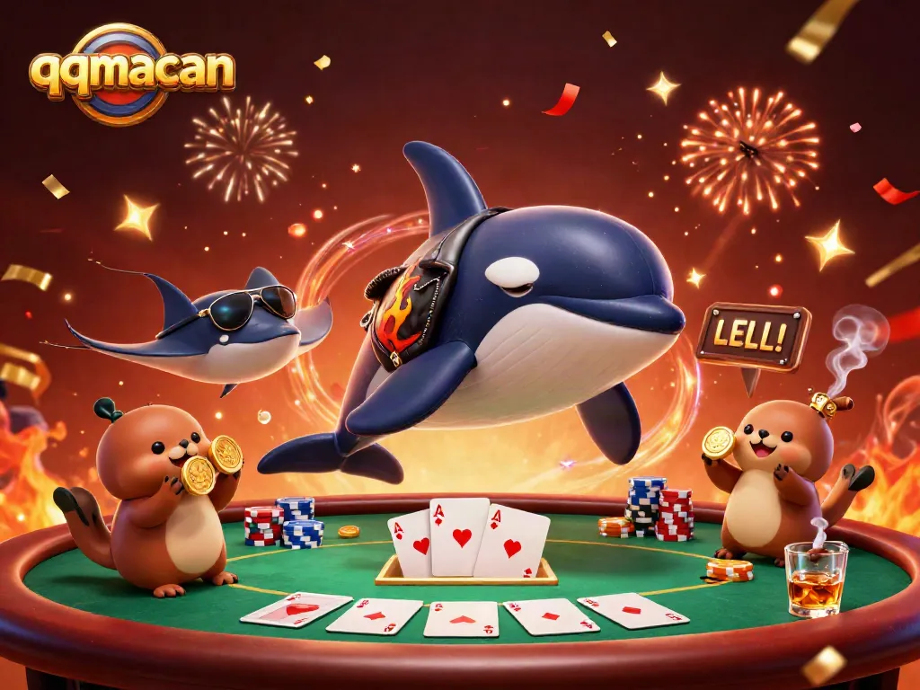 Experience the excitement of qqmacan with a vibrant casino scene featuring playful sea creatures and dynamic gaming elements.