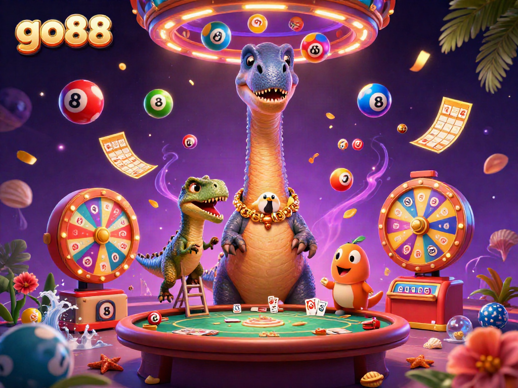 Join the go88 fun as a giant brontosaurus looks down at a vibrant poker game, surrounded by colorful elements.