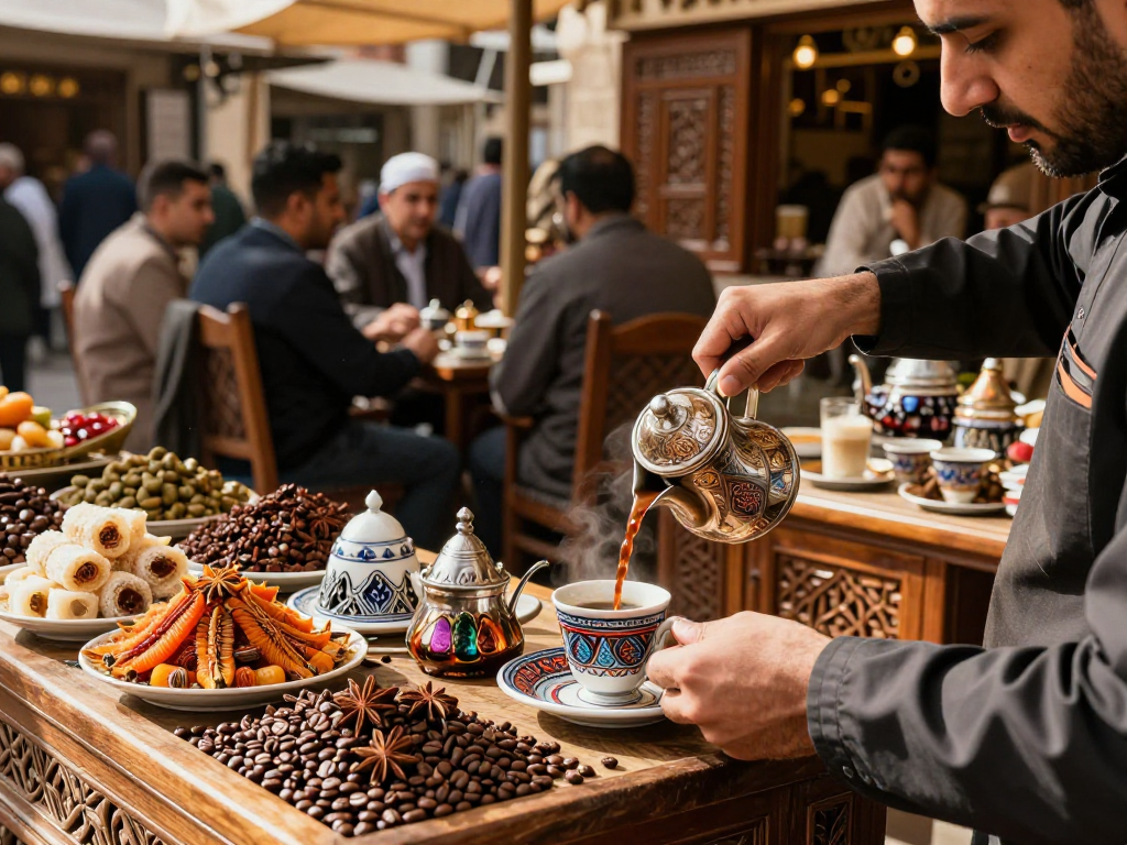 قهوجيين يصنعون القهوة في مقهى تقليدي مع تفاصيل ملونة وعناصر عربية جميلة.