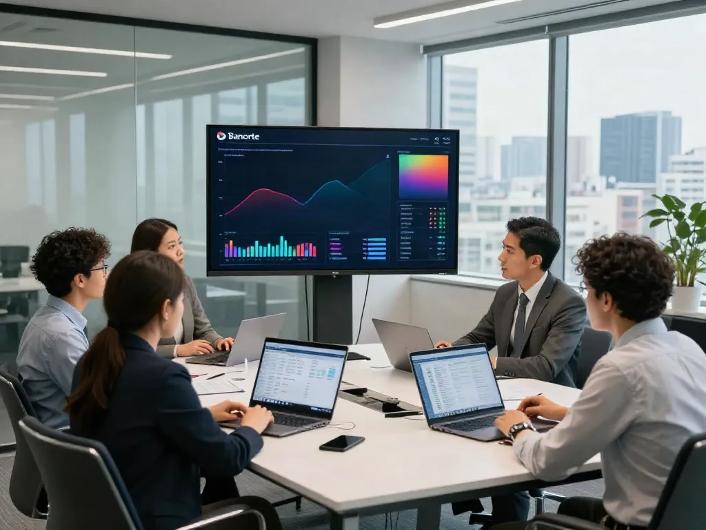 Team collaboration on Banorte empresas financial strategies in a modern office setting.