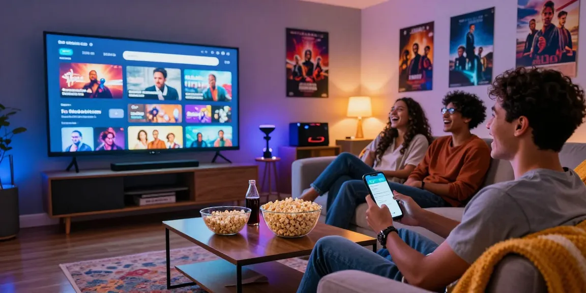 Group enjoying a movie night using Pikashow APK on a large screen with snacks.
