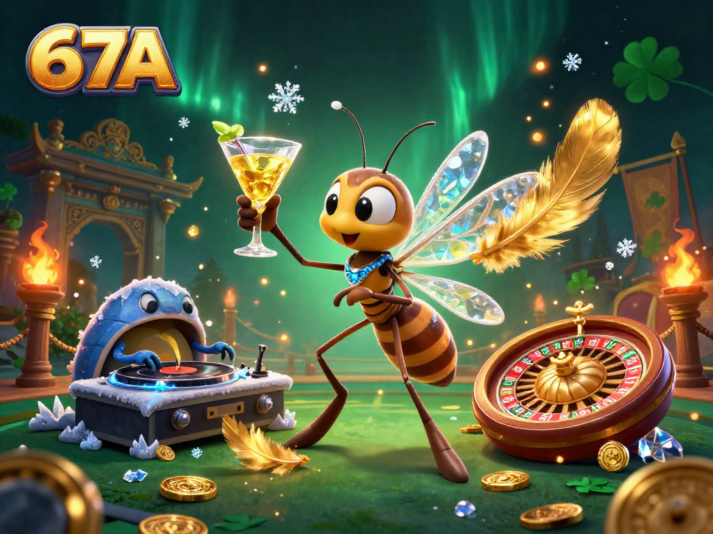 Aproveite a emoção do cassino com 67A, um mascote em forma de mosquito segurando um coquetel dourado enquanto dança ao som do DJ trilobite.